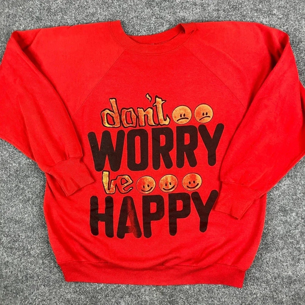 Logo 7 Sweatshirt Mens XL Red Don't Worry Be Happy Vintage Graphic Crewneck